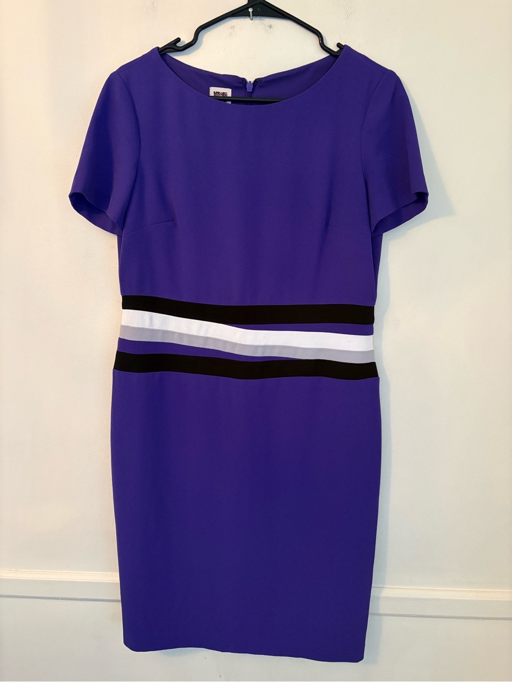 Anne Kein Women’s Petite Short Sleeve Purple,Black &White Sheath Dress Sz 10P
